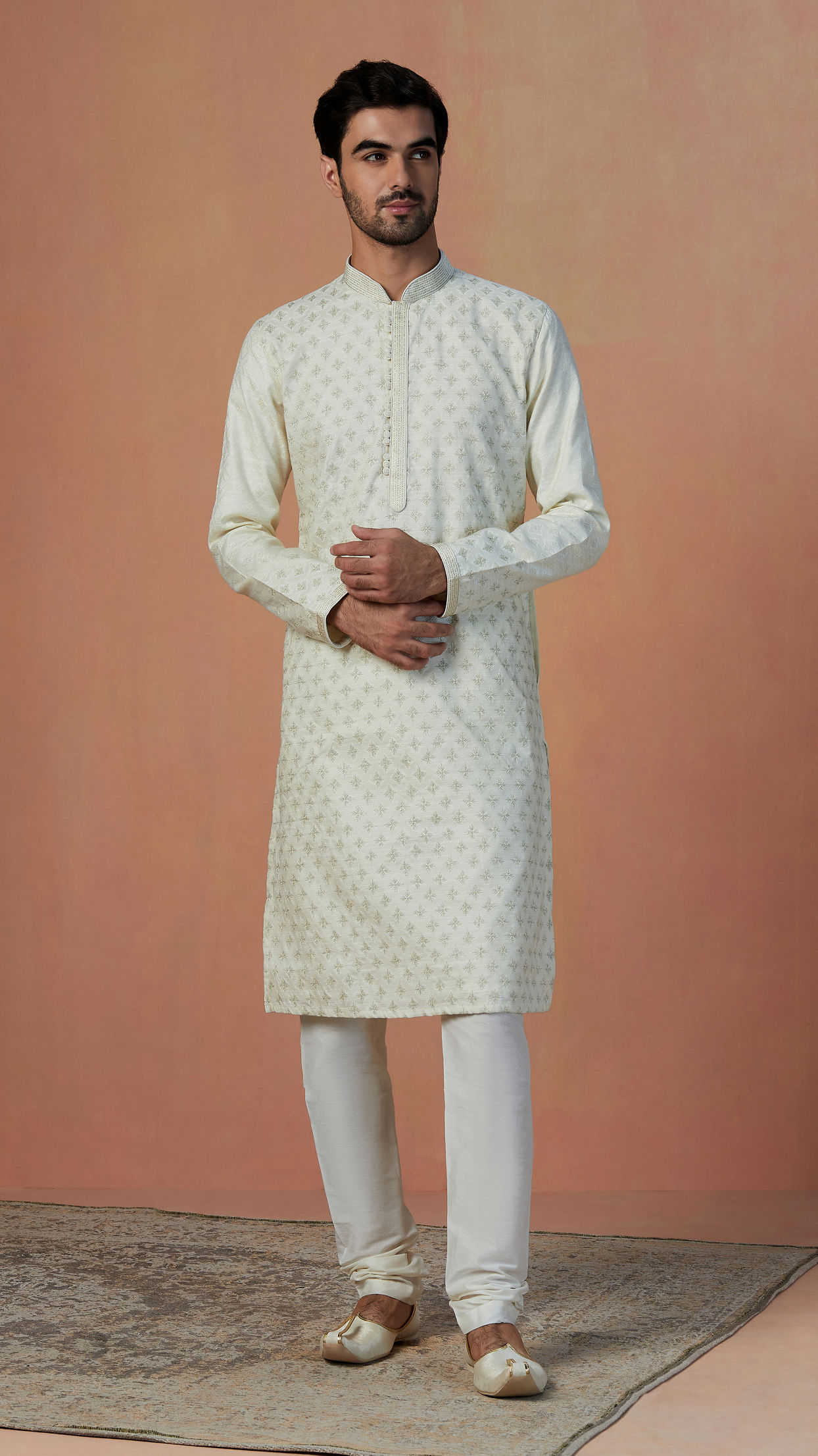 White Self Design Kurta Pajama image number 1
